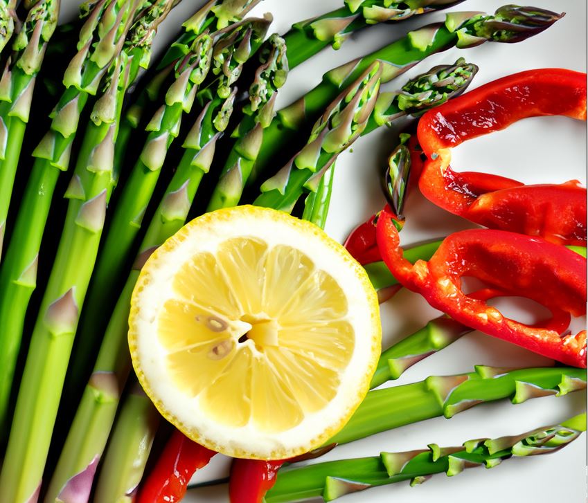 grüne spargel, Zitrone, rote paprika